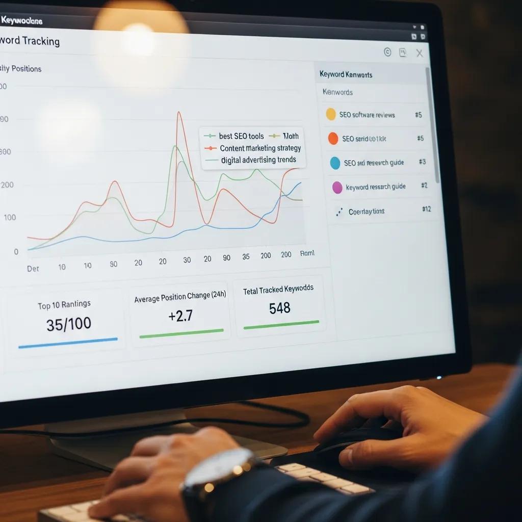 Close-up of keyword tracking software displaying daily position metrics and graphs