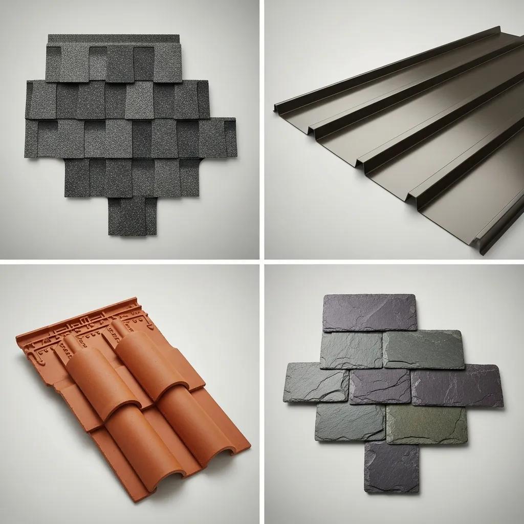 Comparison of roofing materials including asphalt shingles, metal panels, clay tiles, and slate displayed on a neutral background