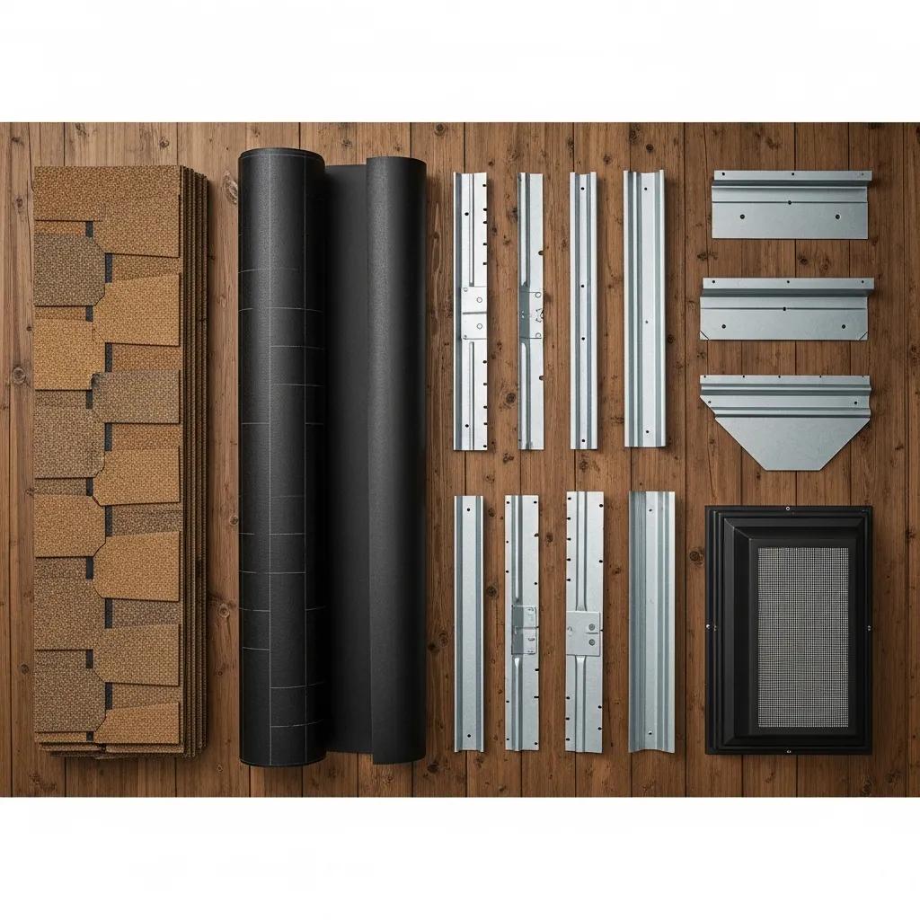 Components of a roof replacement including shingles, underlayment, and flashing arranged on a wooden surface