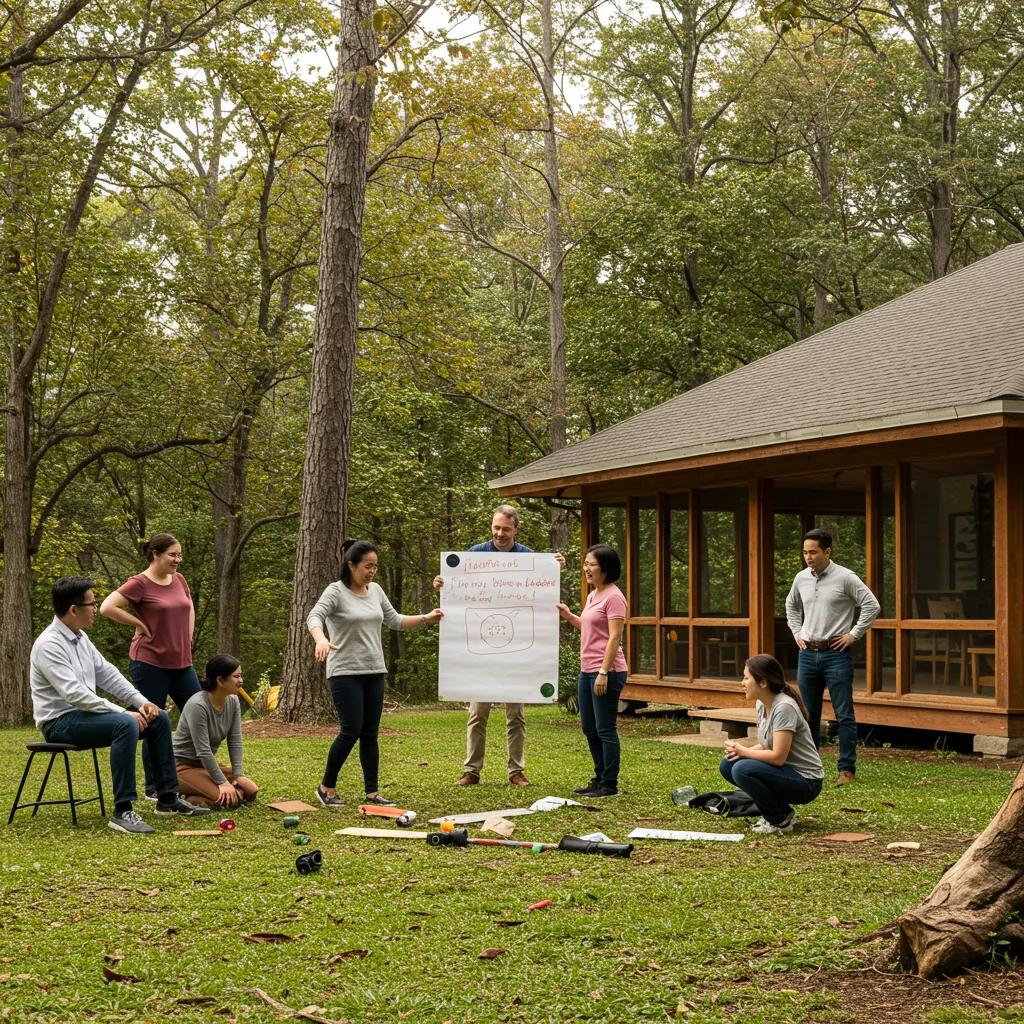 Corporate retreat scene with professionals engaged in team-building activities in a natural setting