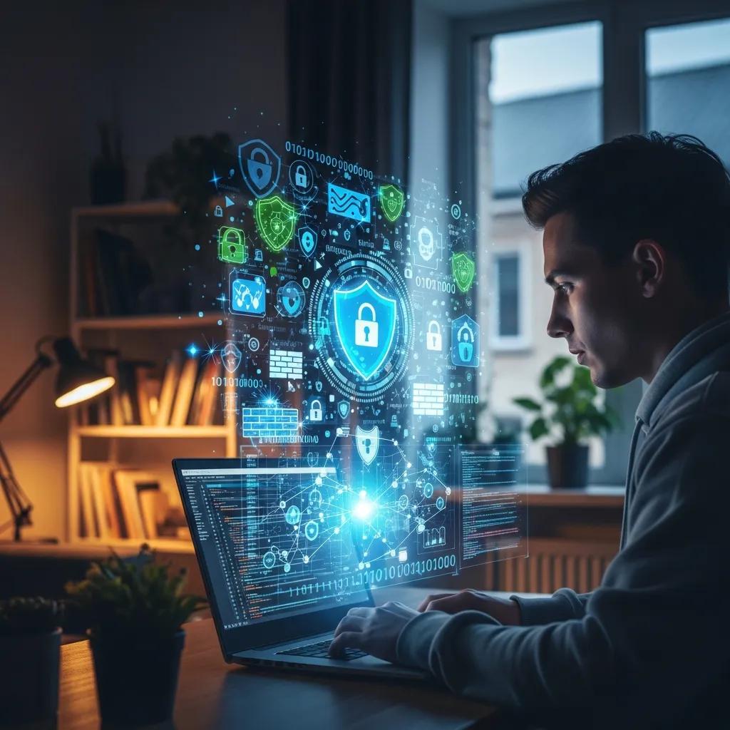 Developer in a home office surrounded by cybersecurity icons, highlighting risks in remote software development