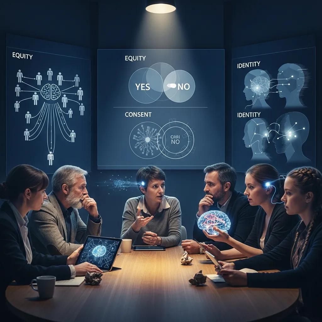 Diverse group discussing ethical implications of neuro-augmentation technology