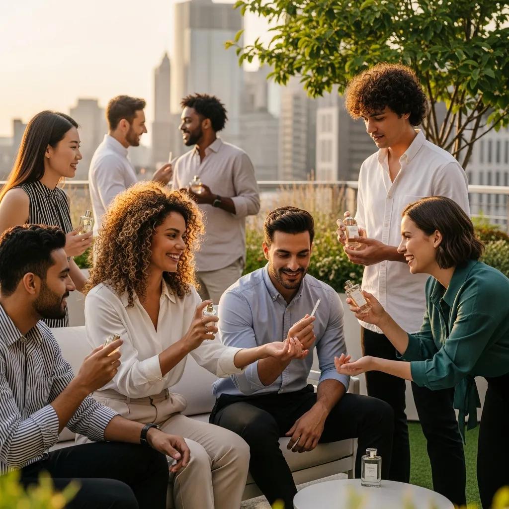 Diverse group of people engaging with unisex perfumes in an urban setting, highlighting gender-neutral fragrance appeal
