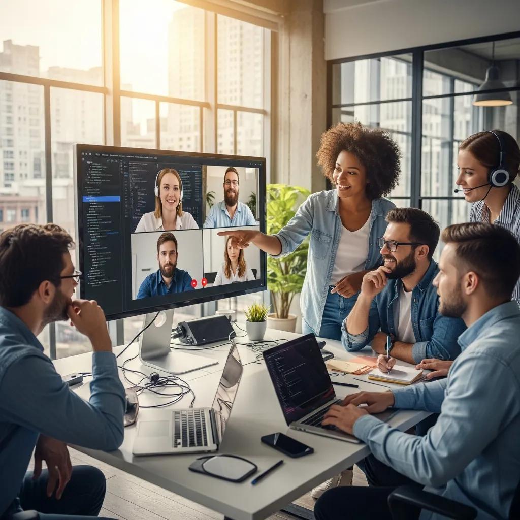 Diverse software developers collaborating in a modern workspace, illustrating the future of remote work