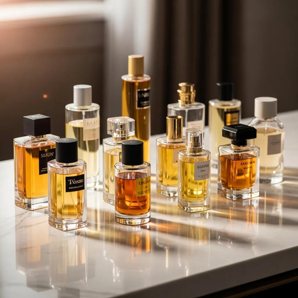 An elegant display of designer and luxury unisex perfume bottles, highlighting their sophistication and quality