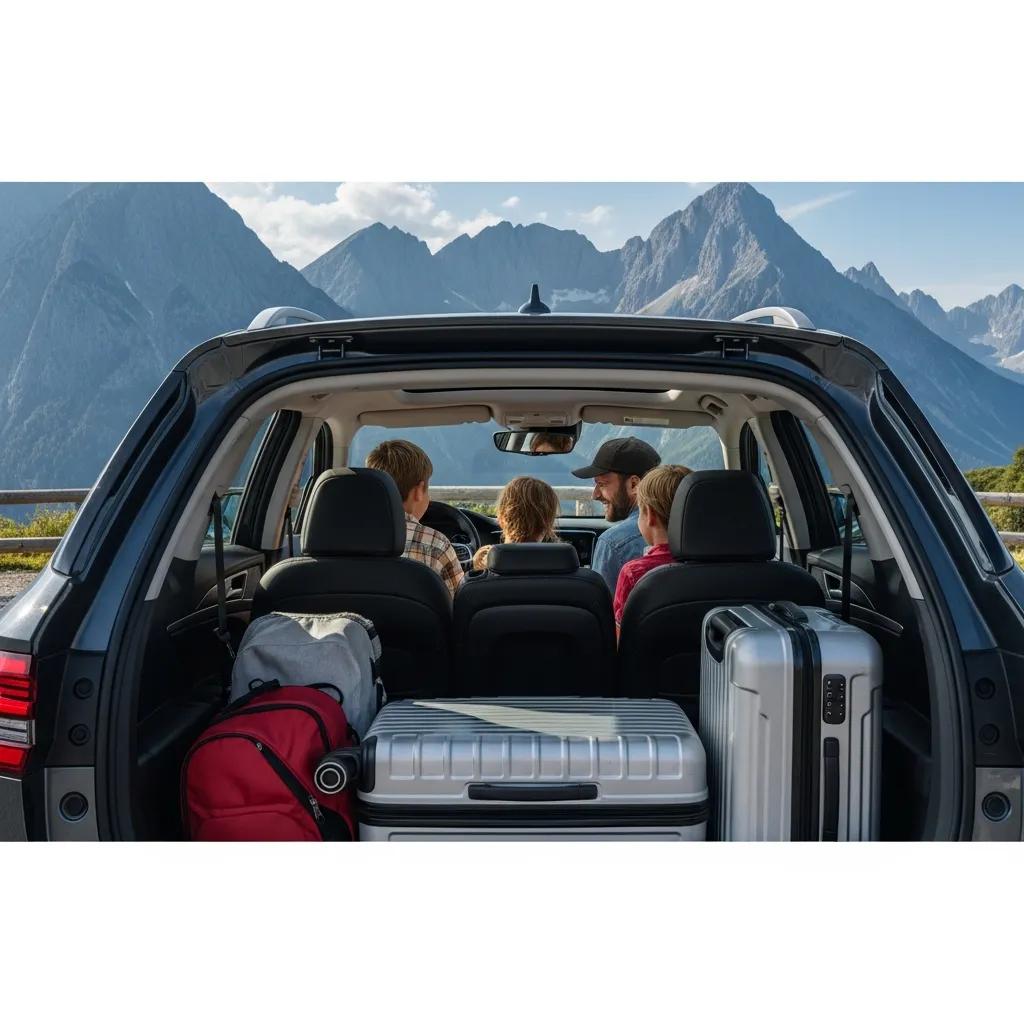 Family enjoying a road trip in an electric SUV at a scenic overlook