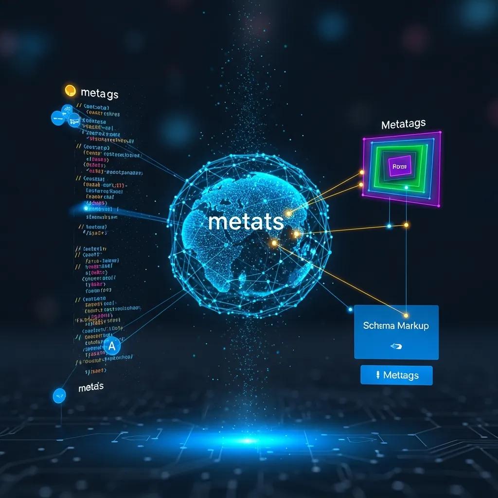 Futuristic digital interface showcasing AI-powered metadata optimization elements