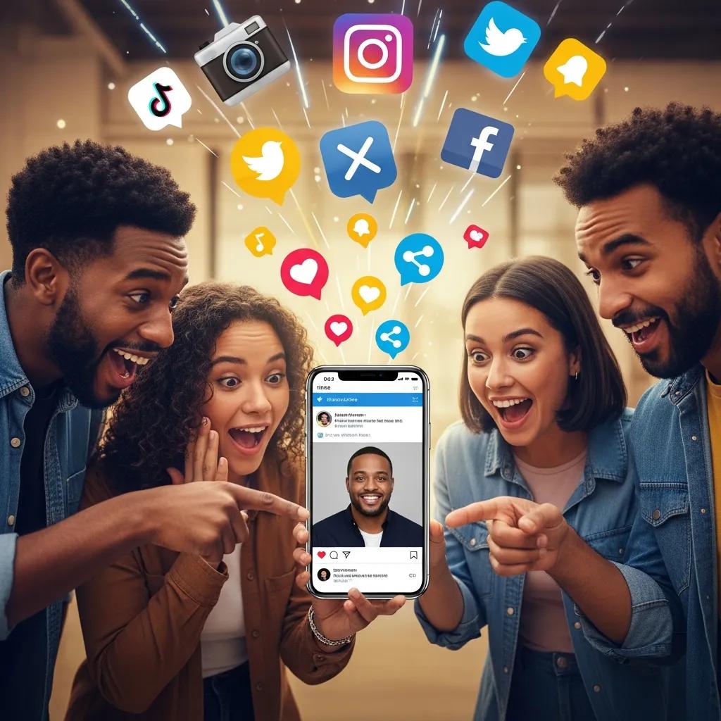 Group of friends engaging with social media content, showcasing the virality potential and brand awareness