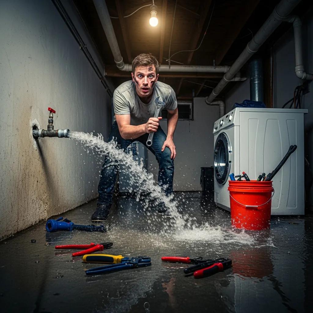 Homeowner in a plumbing emergency with a wrench near a burst pipe