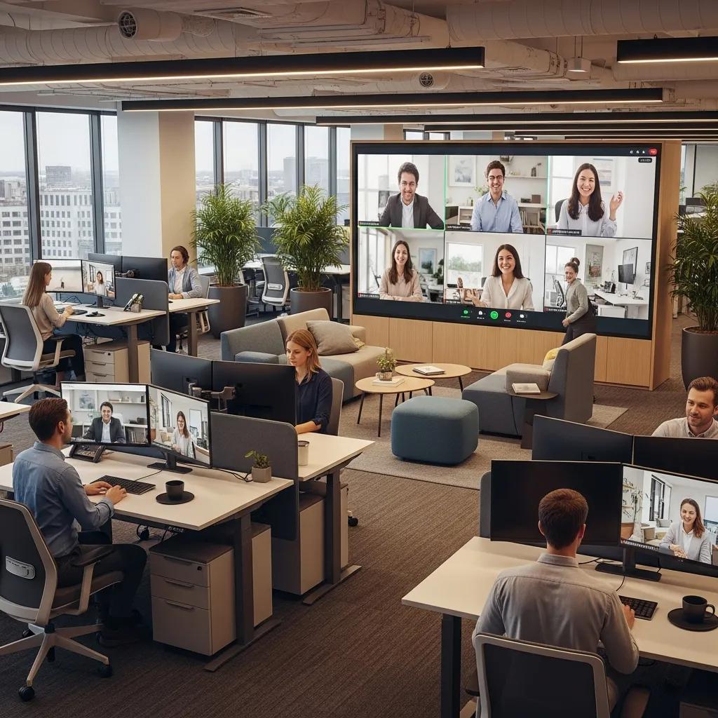Hybrid work environment with in-office and remote employees collaborating through video calls
