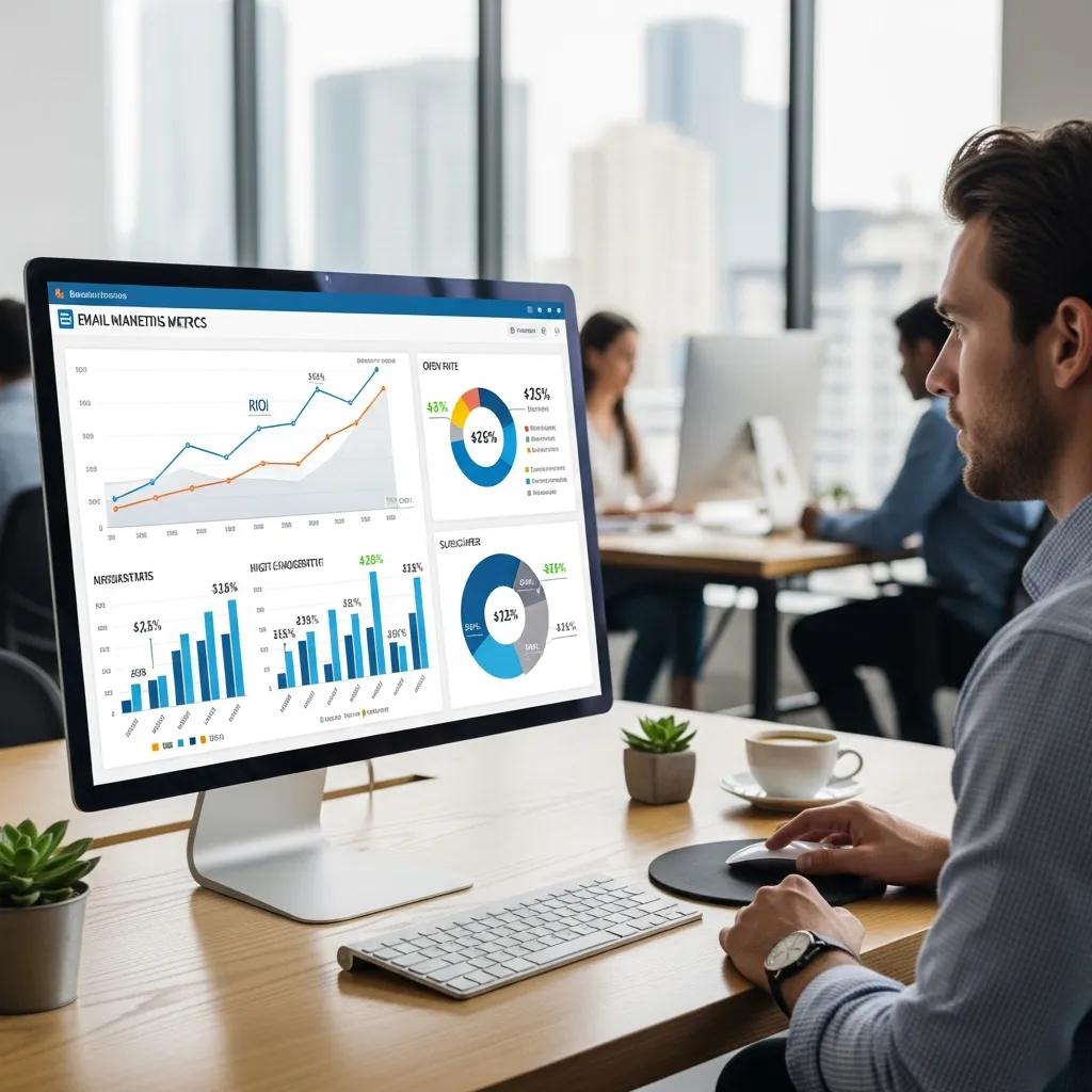 Illustration of a marketer analyzing email marketing metrics, emphasizing the benefits over social media
