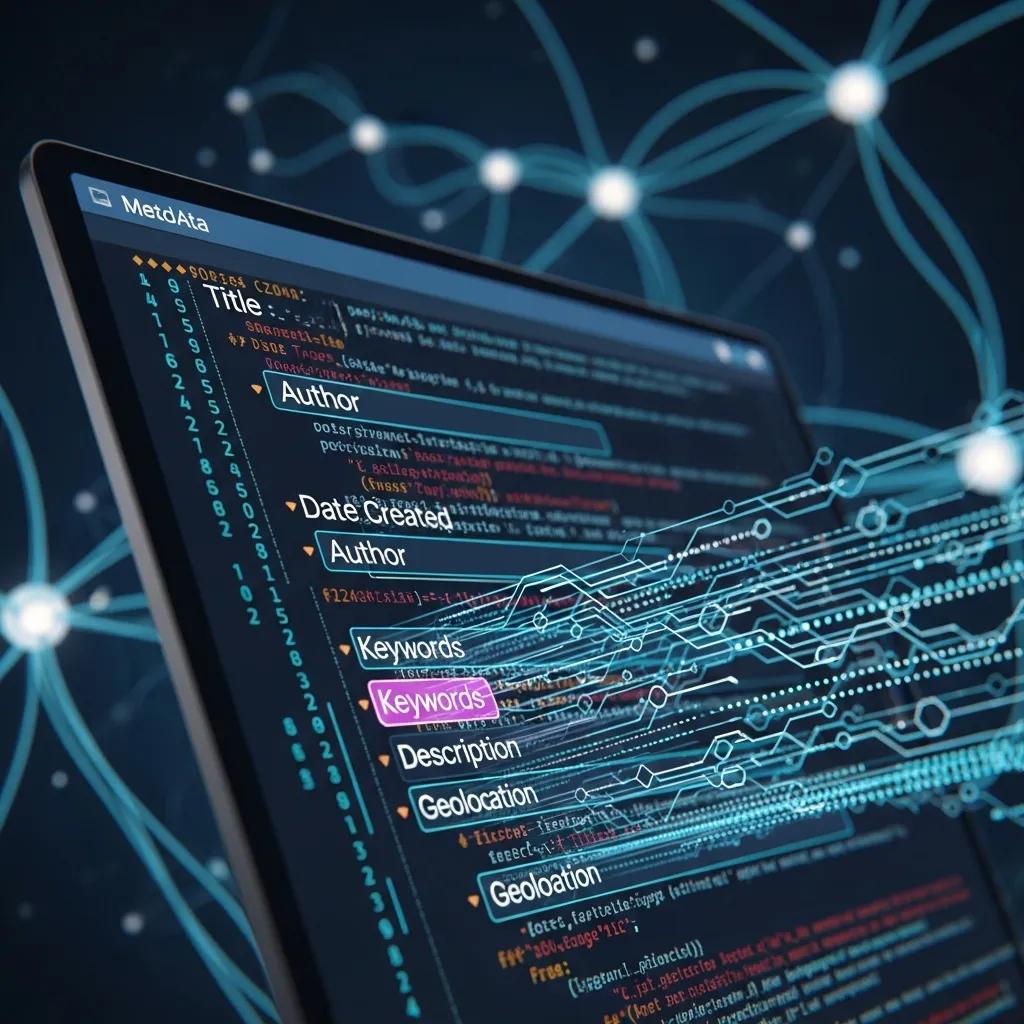 Illustration of AI-powered metadata optimization with code and AI technology elements