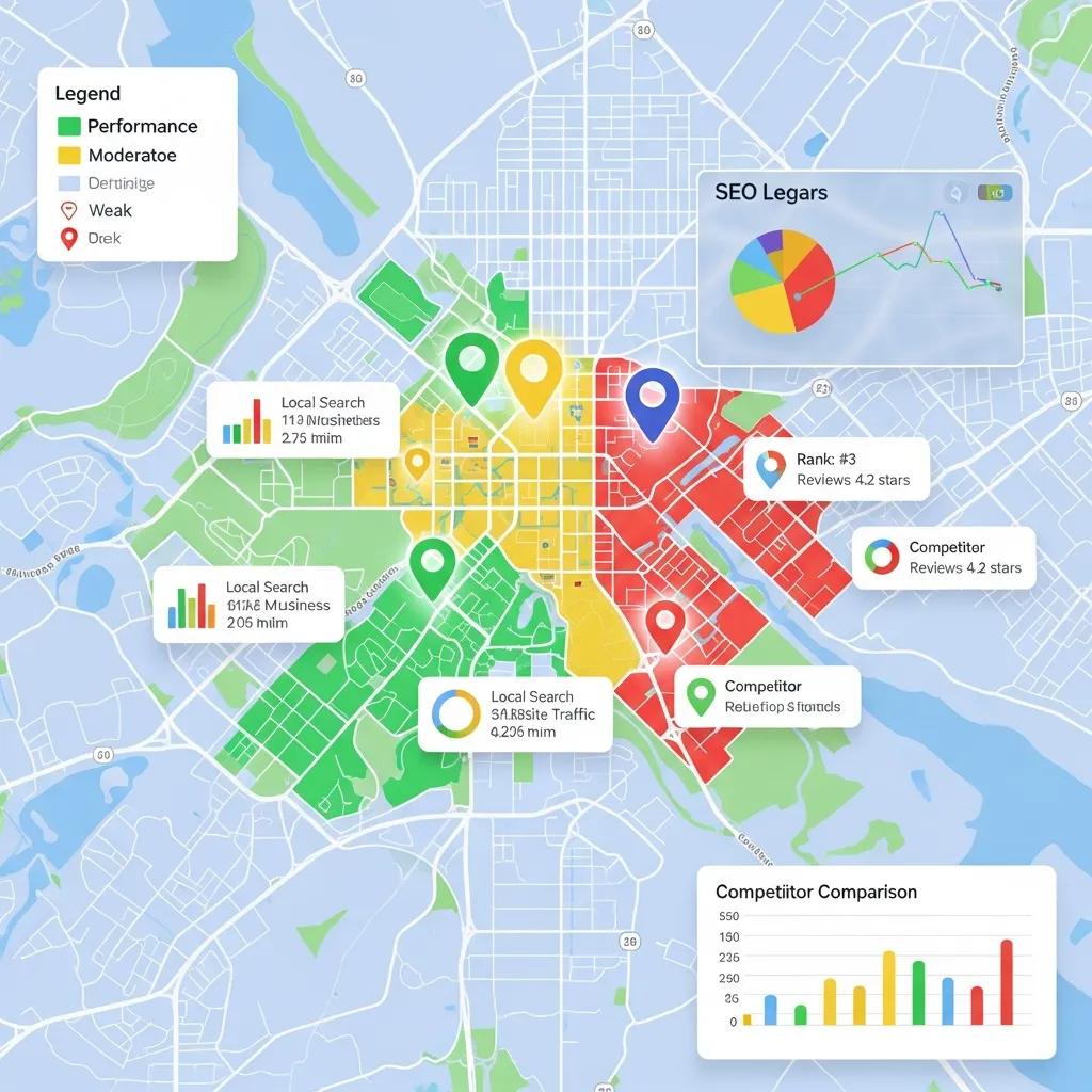 Map highlighting local SEO performance with competitor analysis metrics