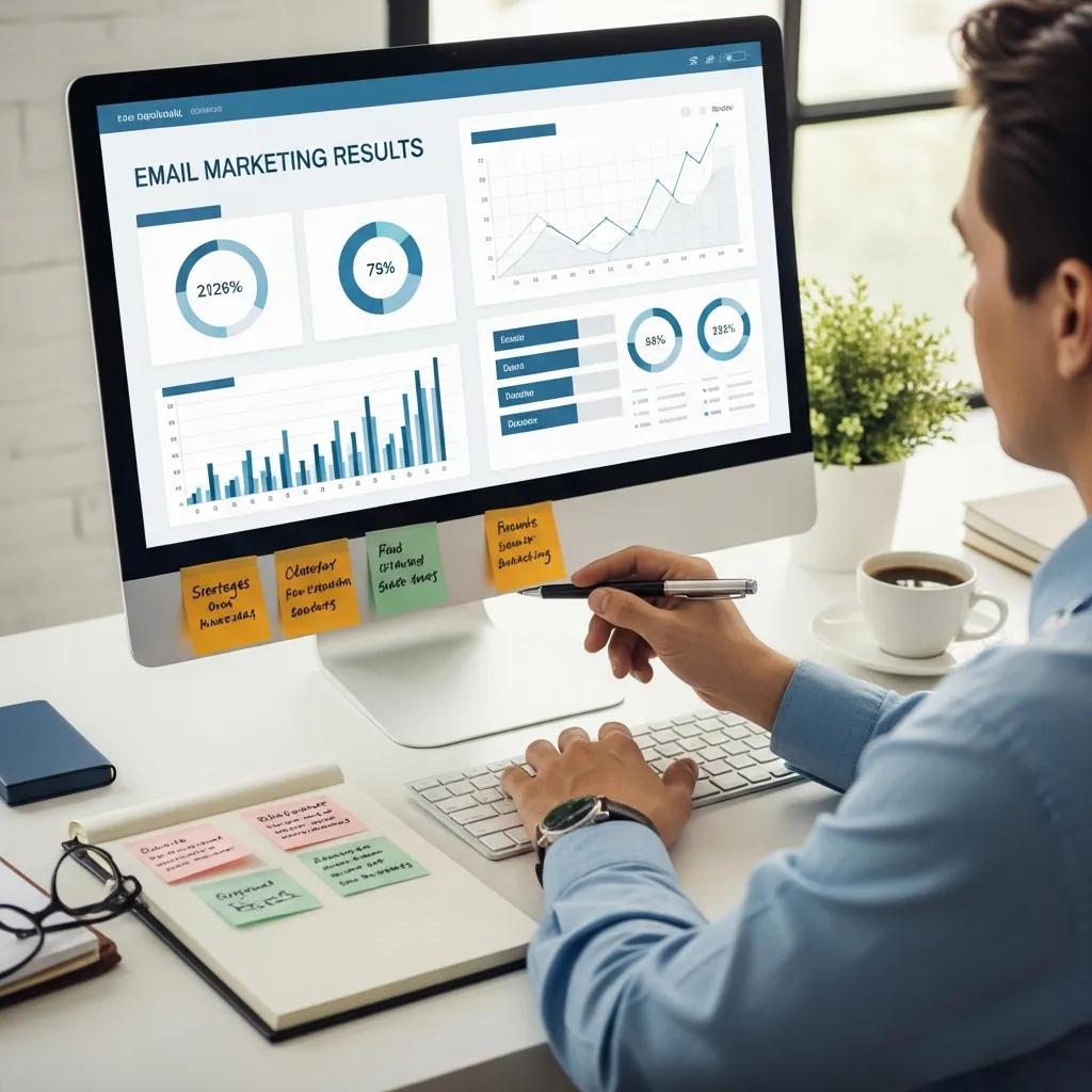 Marketer analyzing email marketing benefits with visible metrics and a productive workspace