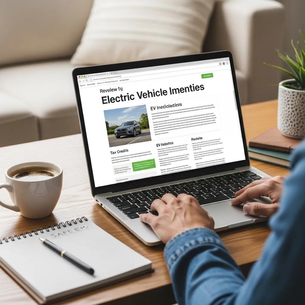 Person reviewing electric vehicle incentives on a laptop at home