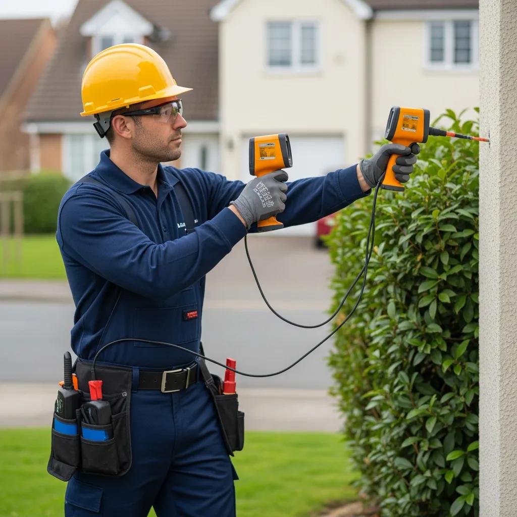 Plumber responding to emergency plumbing situation with diagnostic tools