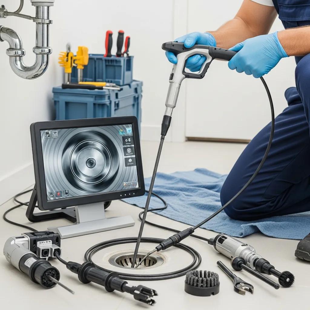 Plumber using drain camera for professional drain cleaning services