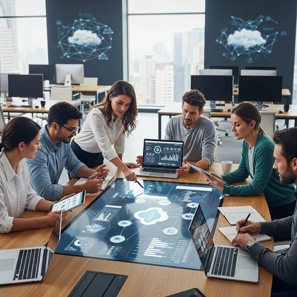 Professionals collaborating in a modern office setting, highlighting cloud computing solutions and teamwork