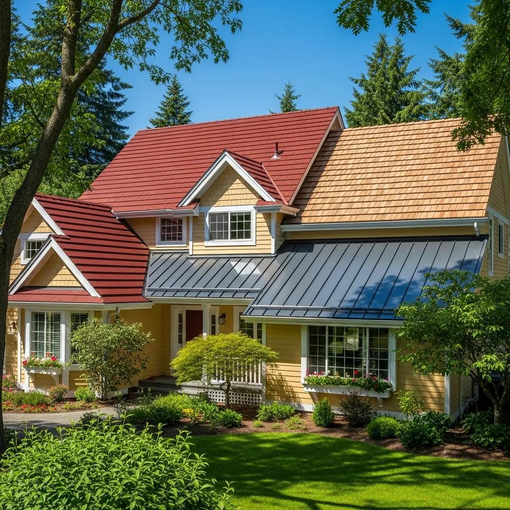 Residential home with a new roof showcasing various roofing materials under a clear blue sky