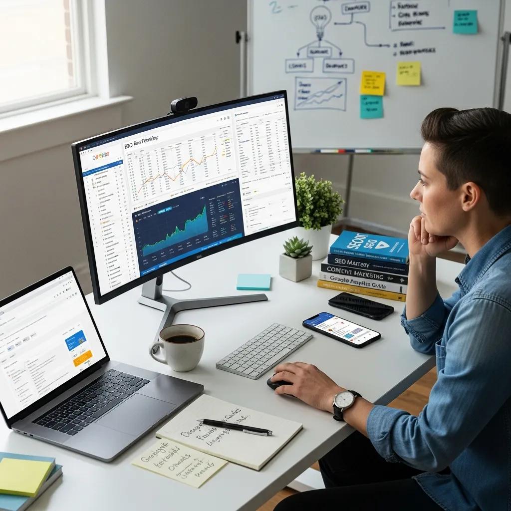 SEO analytics workspace with rank tracking data and a person analyzing performance metrics