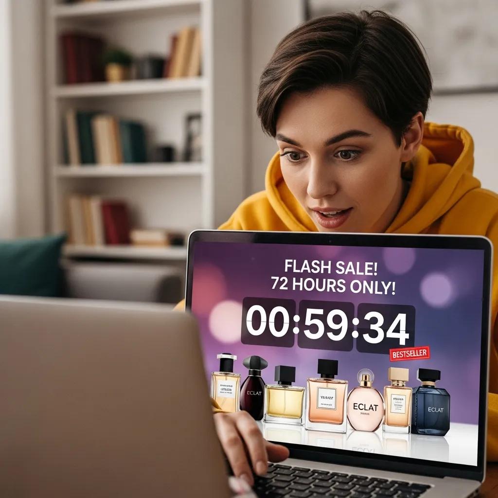 A shopper eagerly browsing a perfume flash sale on their laptop screen