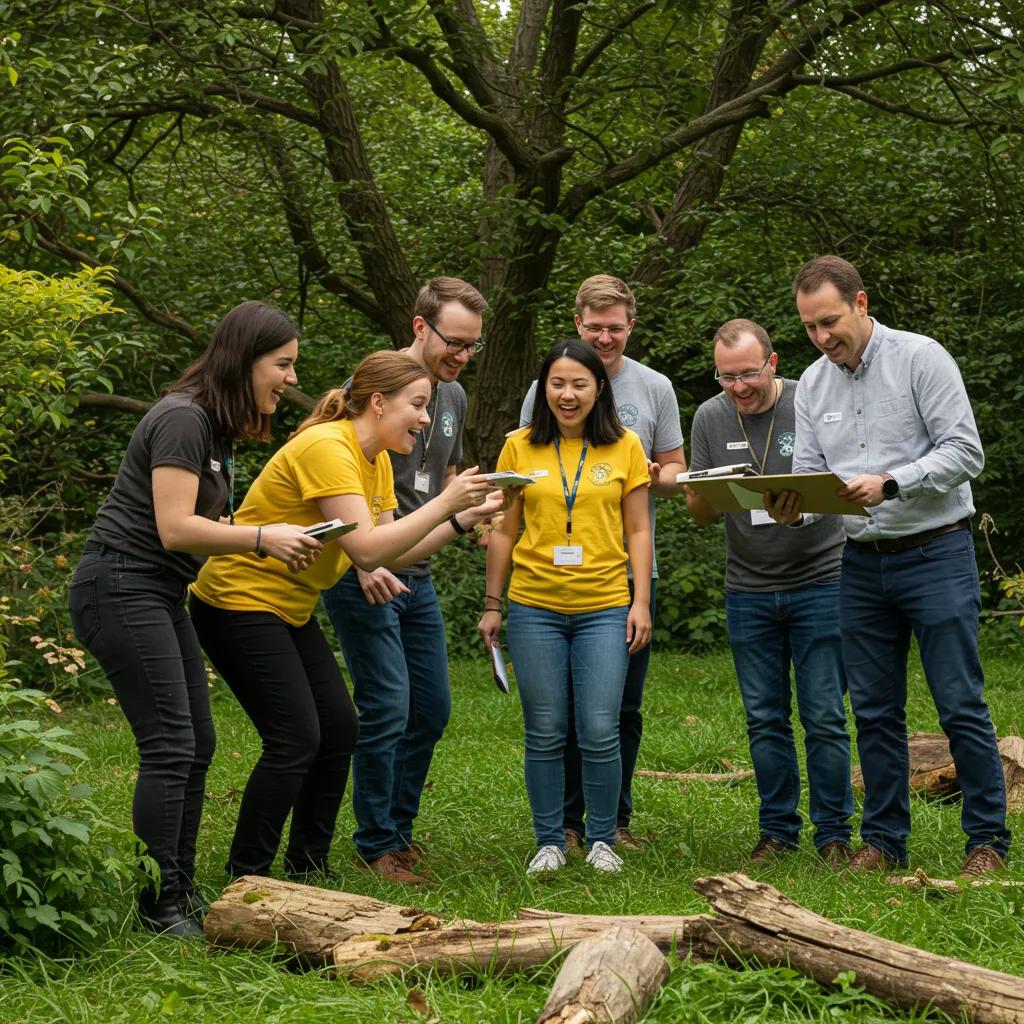 Team members working together during a scavenger hunt at a corporate retreat