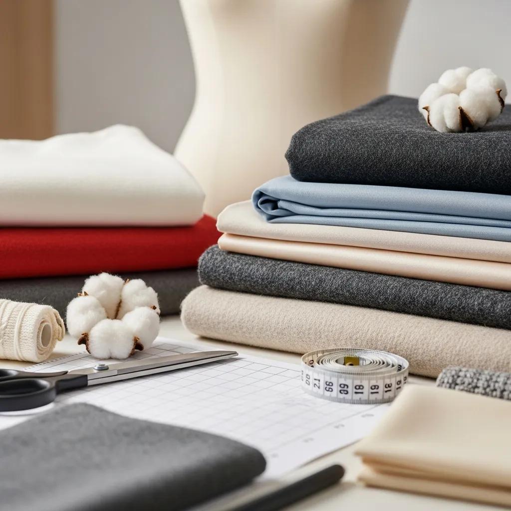 Variety of fabrics and textiles on a designer's workspace, showcasing cotton, wool, silk, and synthetics