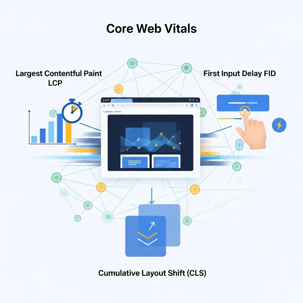 Visual representation of Core Web Vitals metrics: loading, interactivity, and visual stability