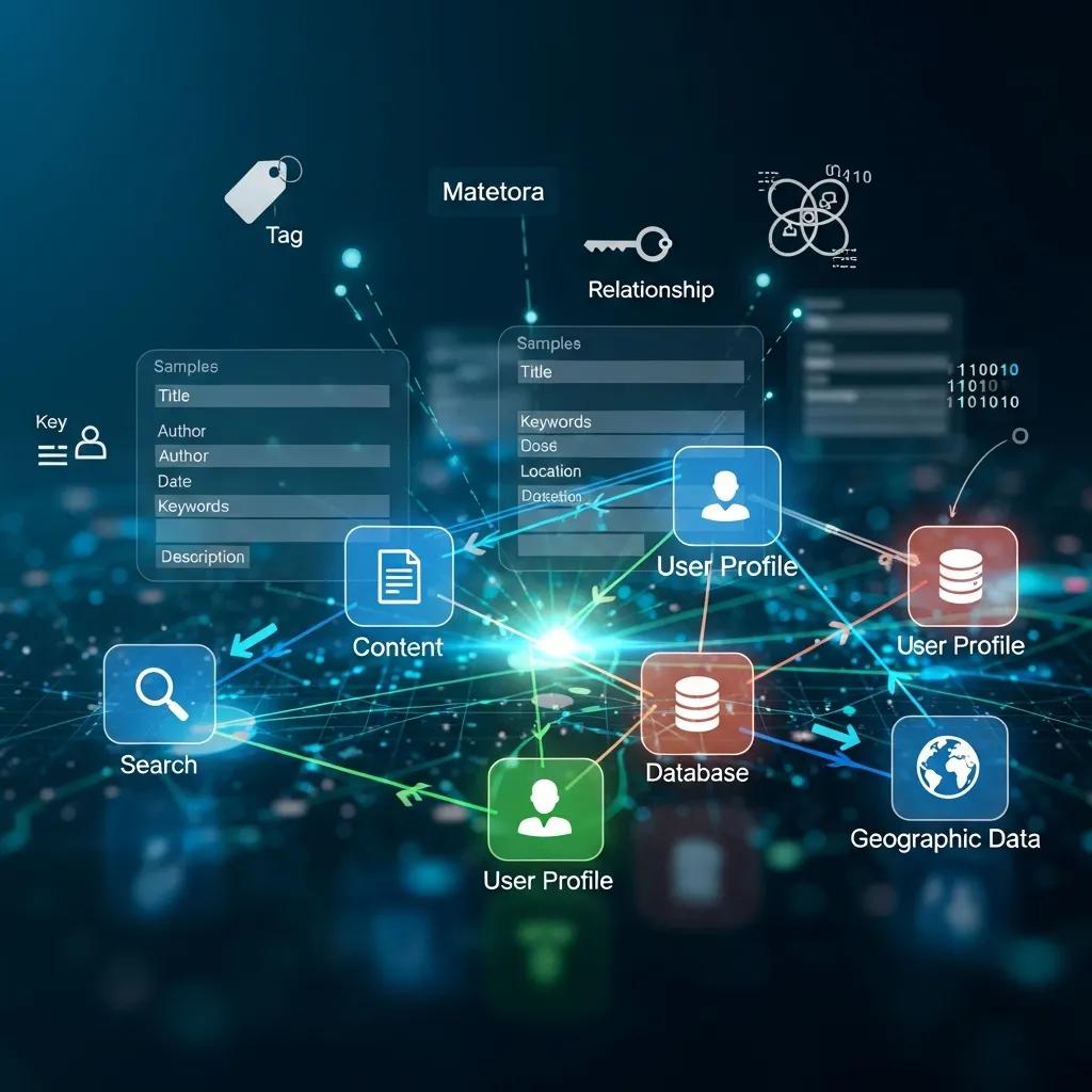 Visual representation of semantic metadata strategies with interconnected data points and knowledge graphs