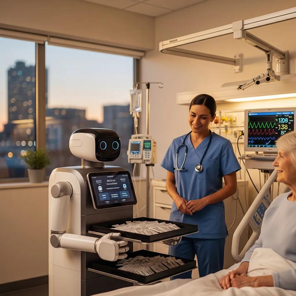 AI-powered robot assisting in a healthcare setting, delivering medication