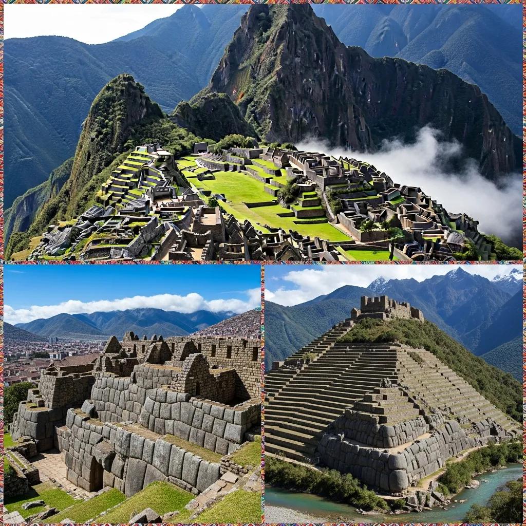 Collage of iconic Inca citadels: Machu Picchu, Sacsayhuaman, and Ollantaytambo