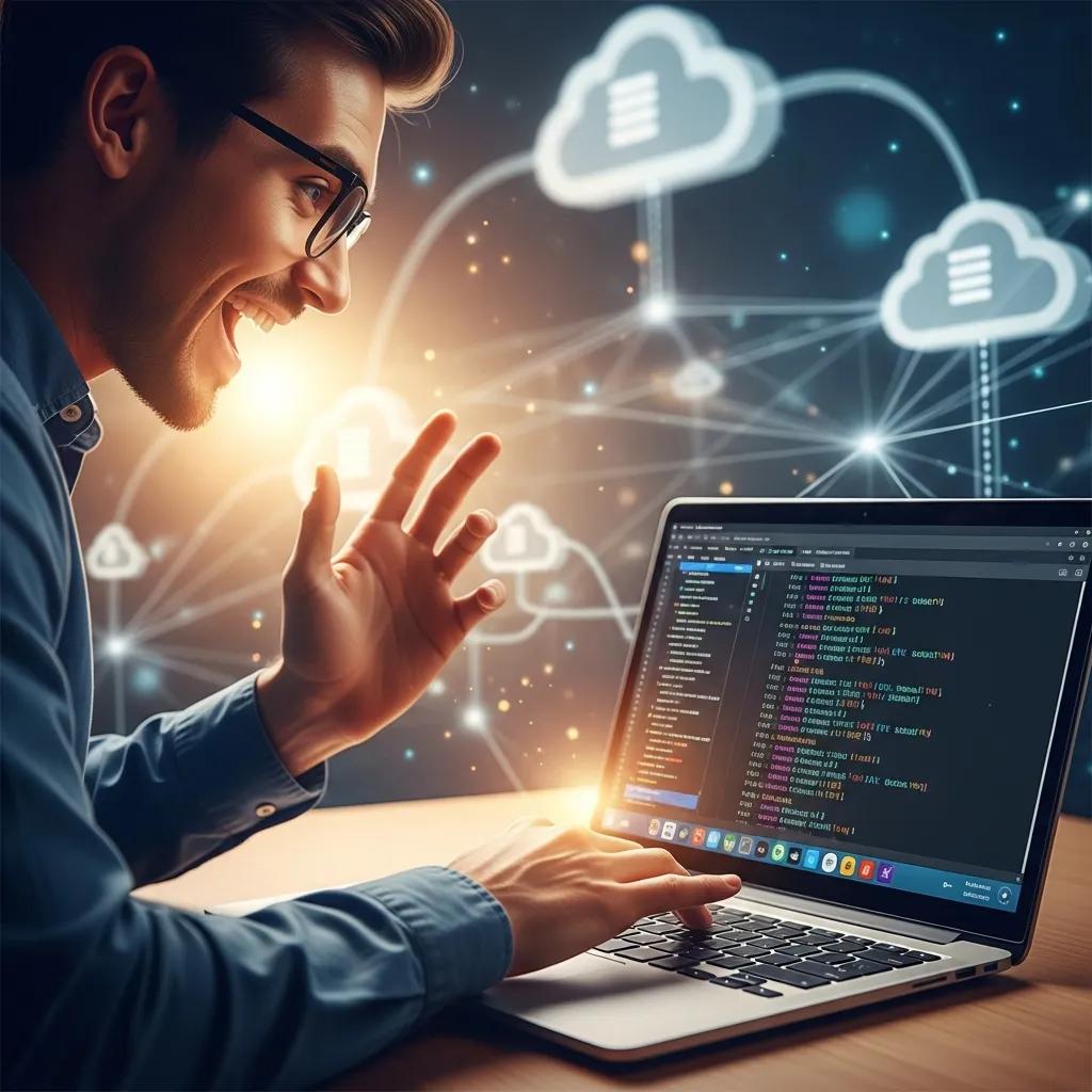 Developer deploying first application on Kubernetes with a laptop and cloud background