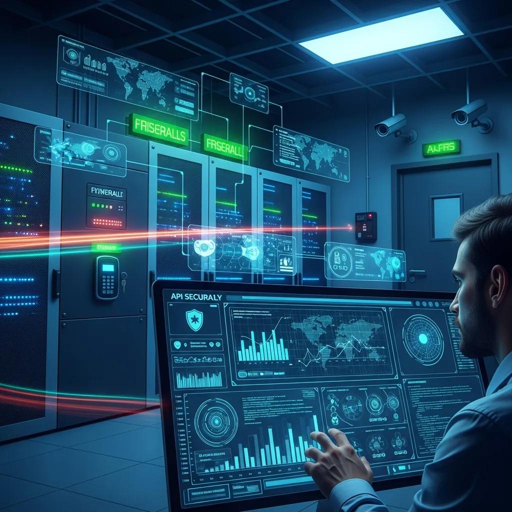 Developer monitoring API security protocols in a high-tech server room