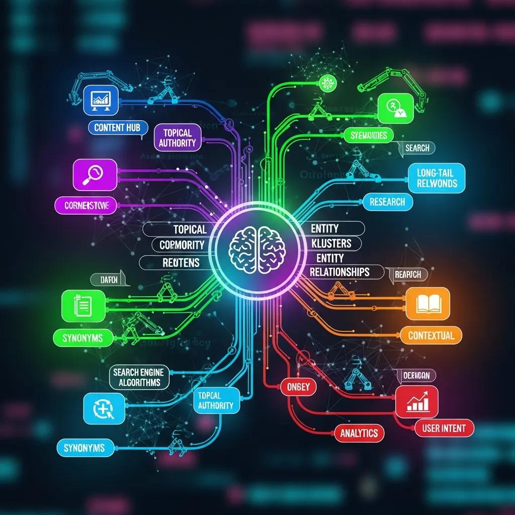 Digital mind map illustrating AI-driven semantic content optimization with interconnected topics
