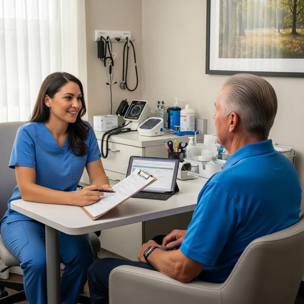Healthcare provider conducting a pre-treatment safety check with a patient