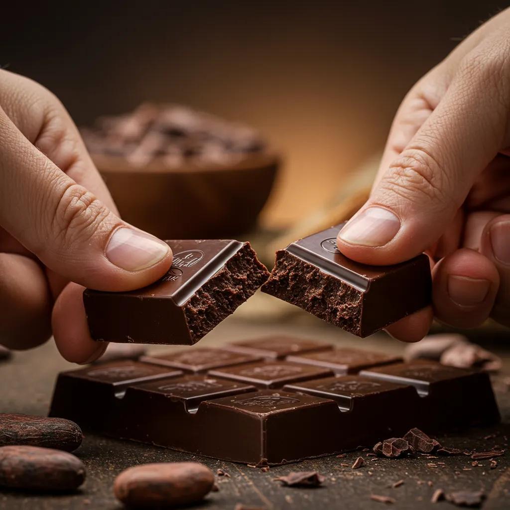 High-cacao dark chocolate bar broken in half, surrounded by cocoa beans and nibs, highlighting health benefits