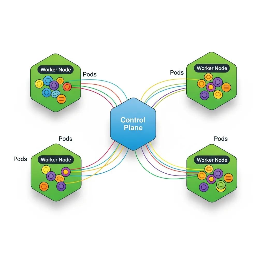 Illustration of Kubernetes architecture highlighting control plane and worker nodes