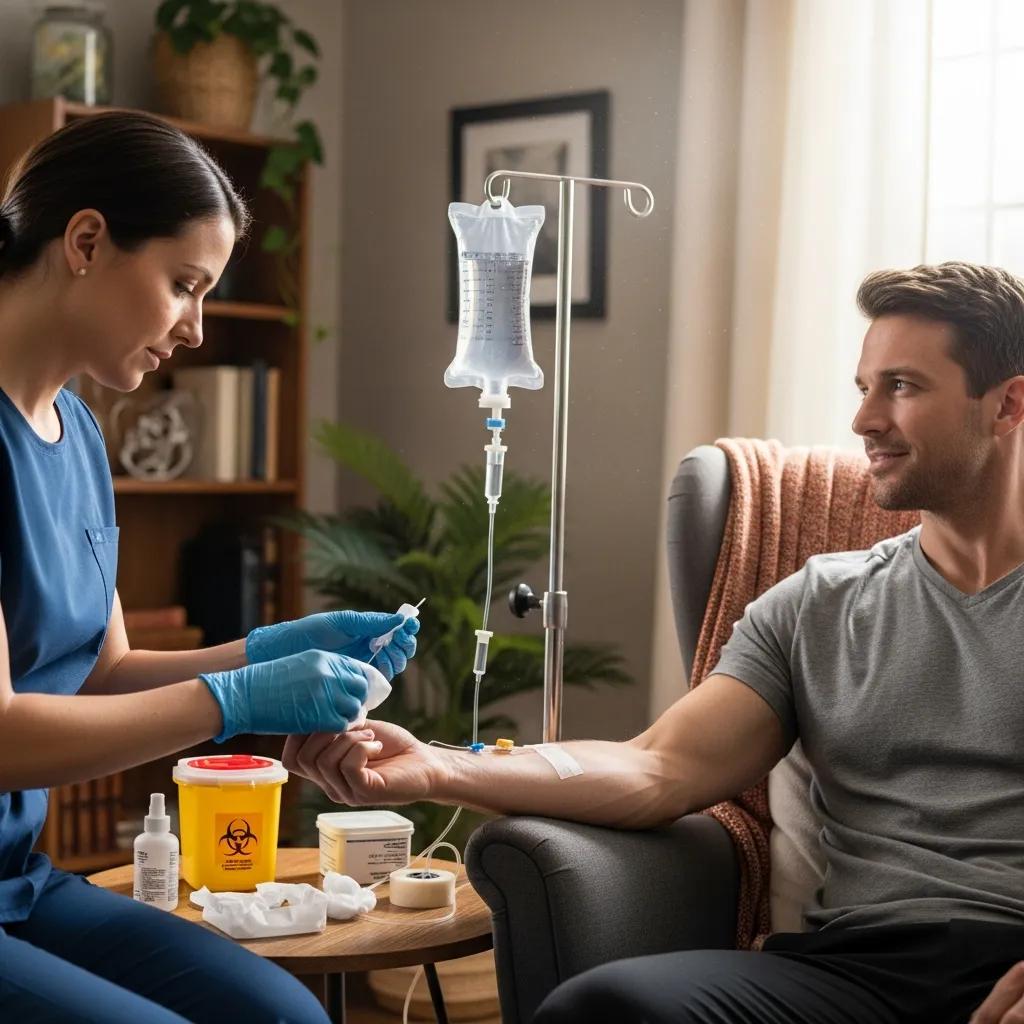 Mobile IV therapy session in a home setting, showcasing clinician professionalism and patient comfort