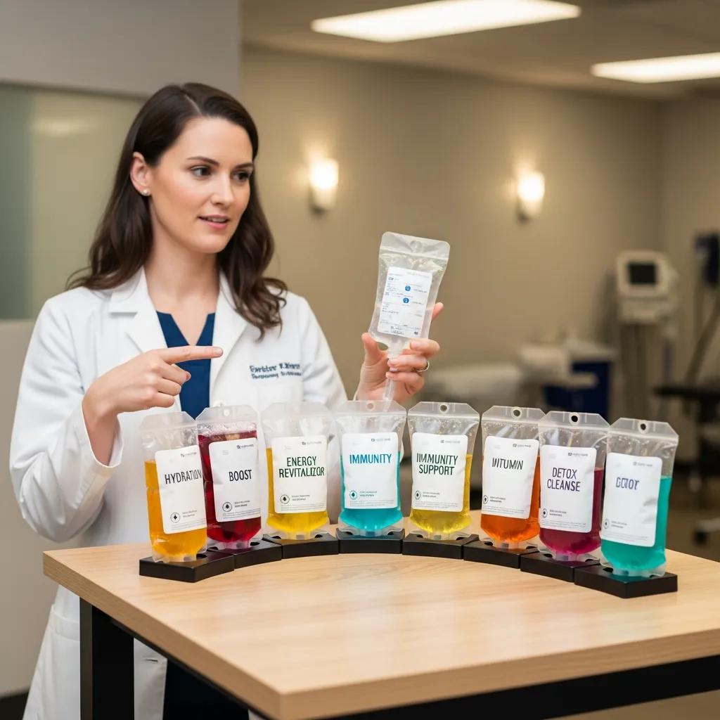 Selection of IV drip bags showcasing hydration, energy, and immunity support