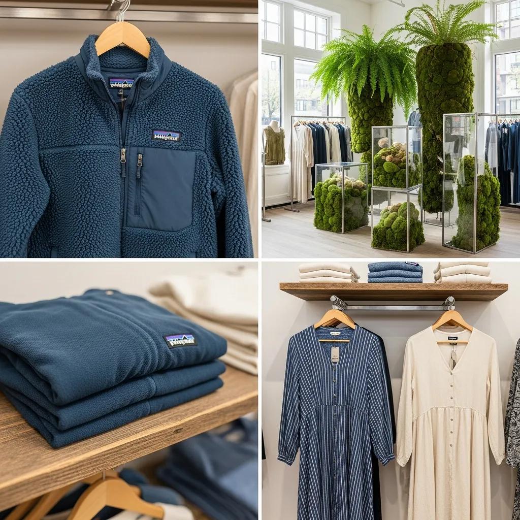 Stylish display of Patagonia and Reformation sustainable clothing in a boutique, highlighting eco-friendly fashion