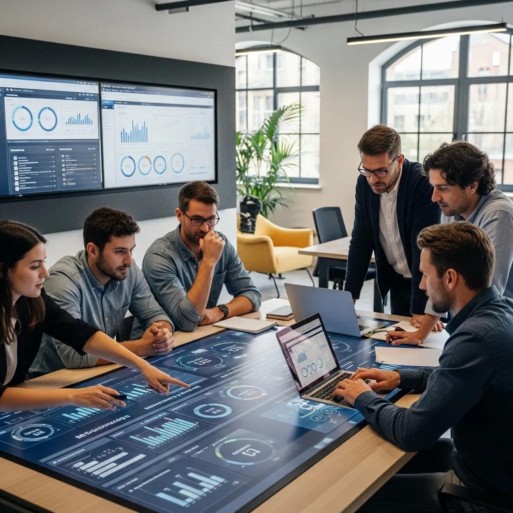 Team of professionals collaborating on AI-powered SEO automation in a modern office