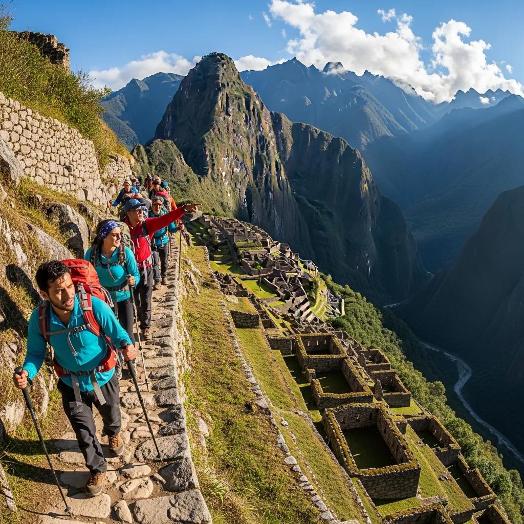 Trekkers on the Inca Trail with stunning mountain views and ancient ruins