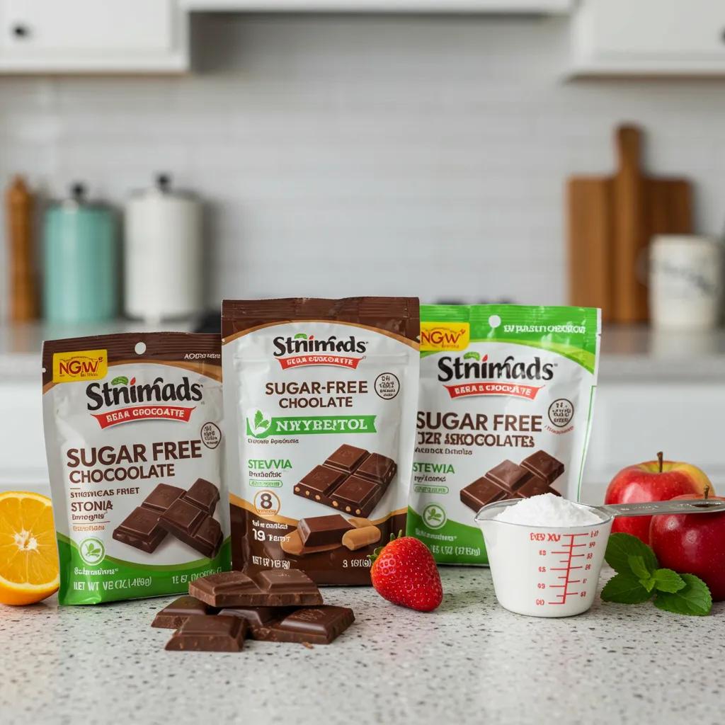 Variety of sugar-free chocolate products with natural sweeteners, emphasizing low-sugar options for health-conscious consumers