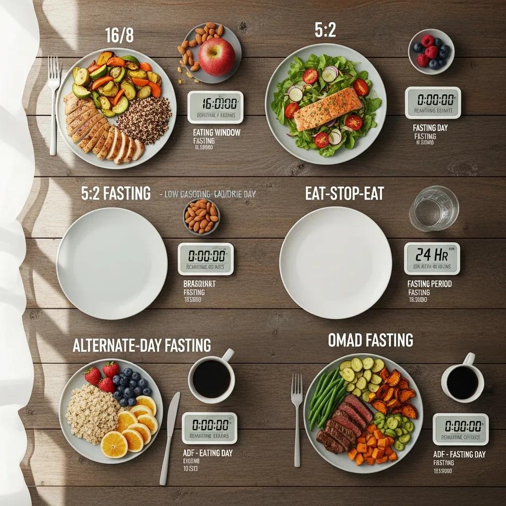 Various intermittent fasting methods displayed with food items and a timer