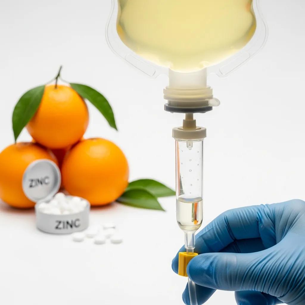Vitamin C IV bag preparation with fresh oranges and zinc supplements, illustrating immune support